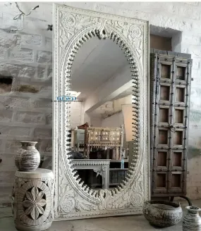 A.M INTERNATIONAL WOODEN HANDCARVED WALL MIRROR FRAME | VINTAGE MIRROR FRAME | WOODEN JHAROKHA WALL MIRROR FRAME for BEDROOM LIVINGROOM HALL OFFICE (without MIRROR) 5 * 3 FT