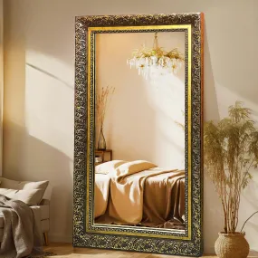 kaevion Wooden Frame Rectangular Shape Wall Mounting Mirror Antic Look Black Golden | Rectangular Mirror for Wall with Frame| Home Decorative Mirror| Vintage Mirror for Wall