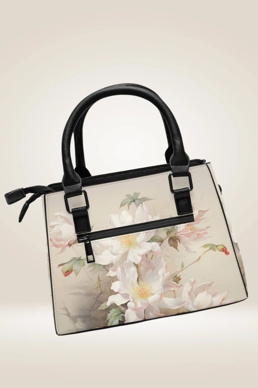 Off White Satchel Bag With Flowers