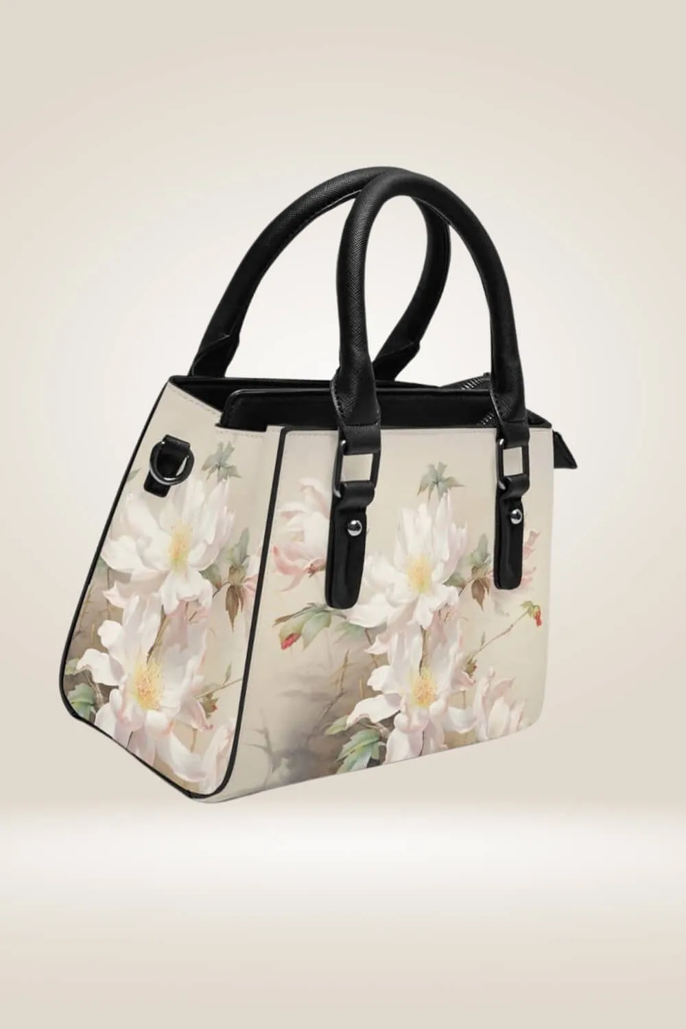 Off White Satchel Bag With Flowers