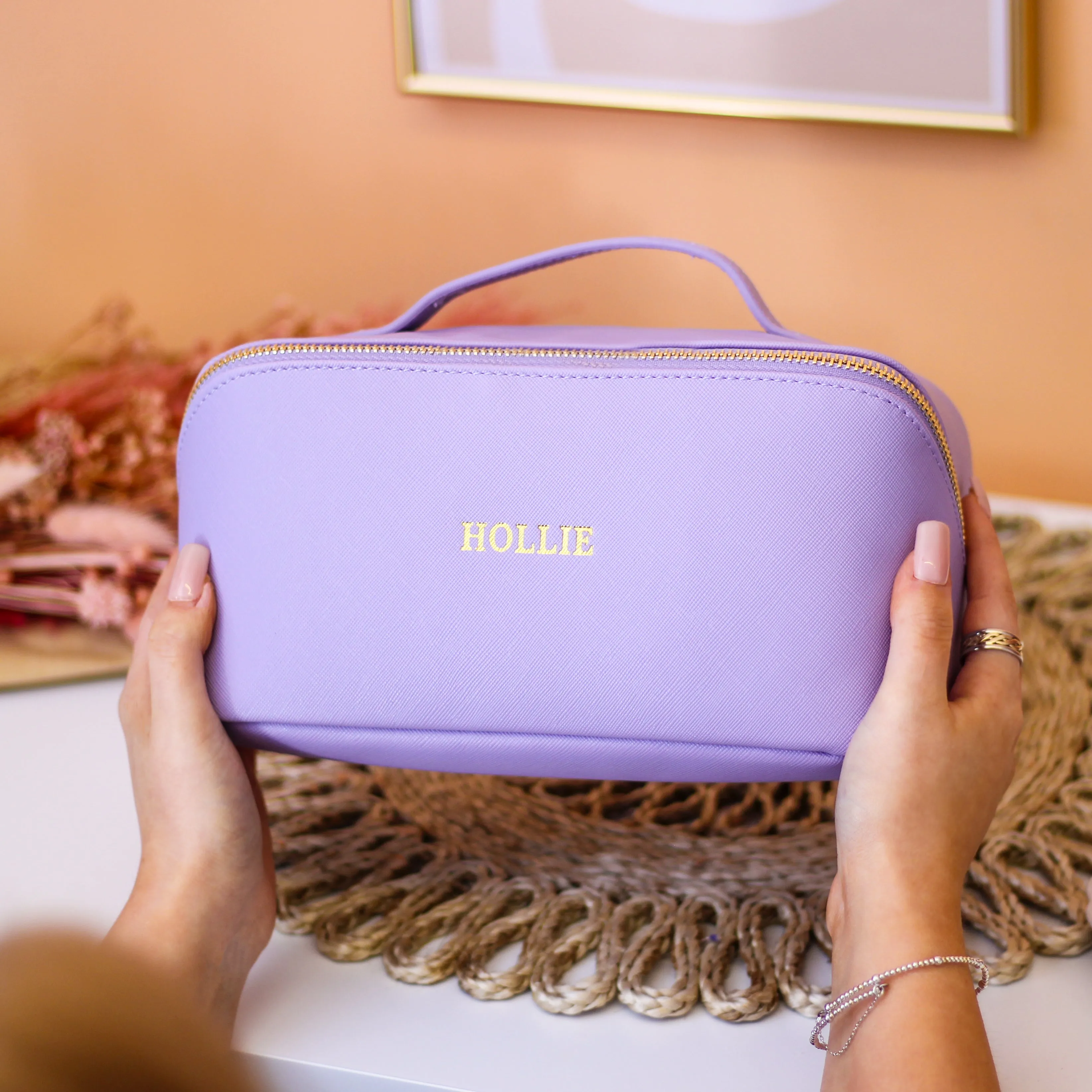 Personalised Lilac Open Flat Make Up Accessory Case Bag