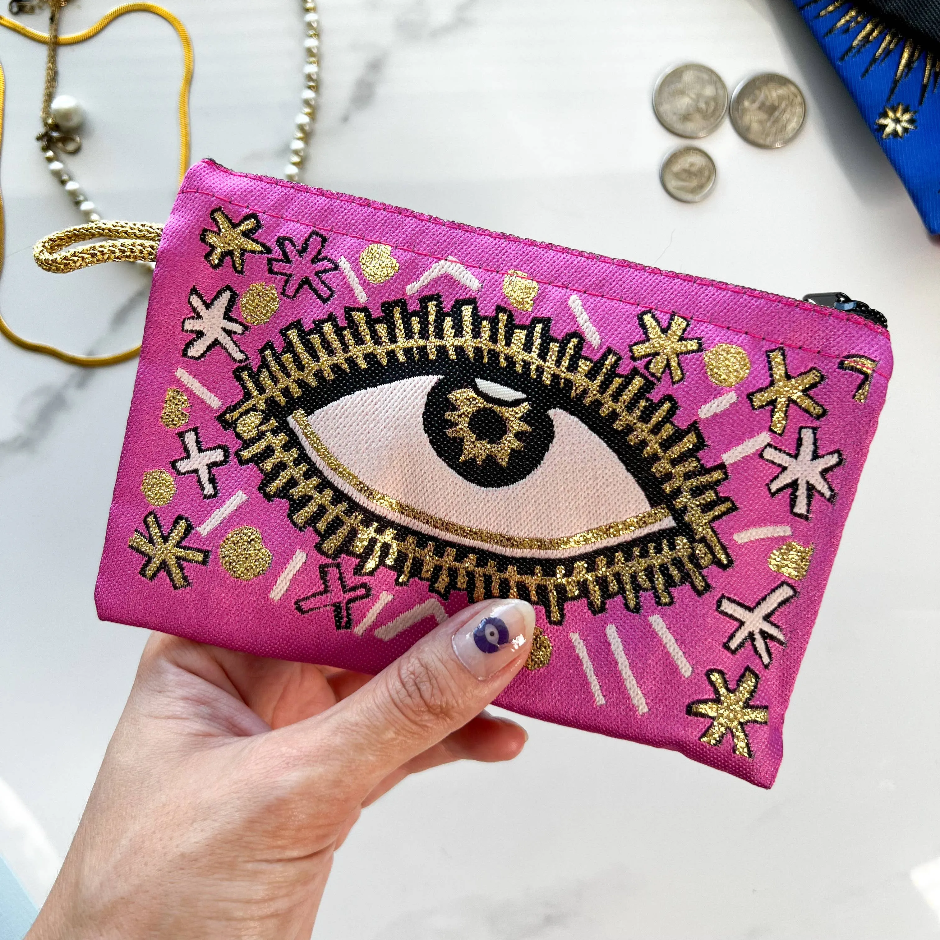 Pink Evil Eye Coin Purse, Small Fabric Pouch
